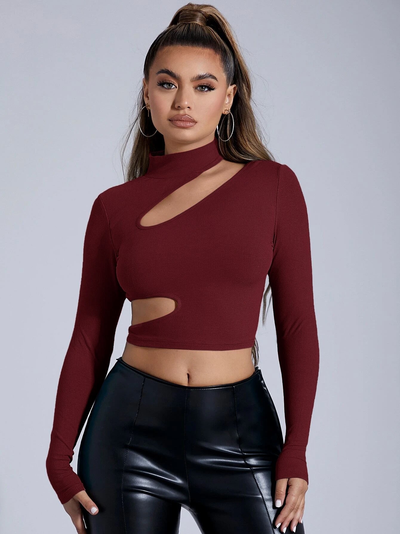Cross-border women's clothing Europe and America 2024 autumn and winter semi-turtleneck black long-sleeved sexy T-shirt short tights