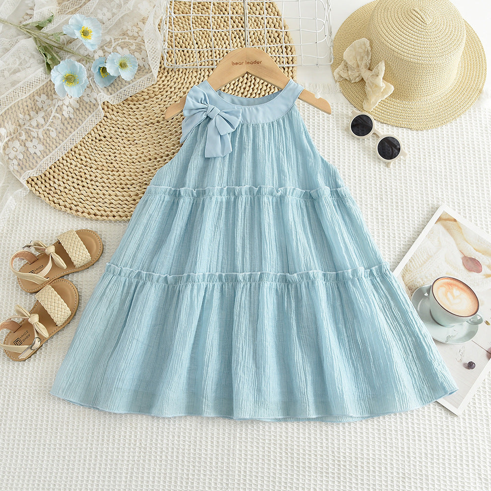 summer new girls' blue tiered korean style cross-border bow chiffon halter princess dress