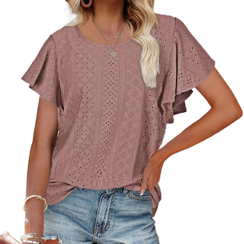 summer new arrival: cross-border european & american women's apparel -  style ladies' top - cutout waist, ruffle sleeve, casual t-shirt