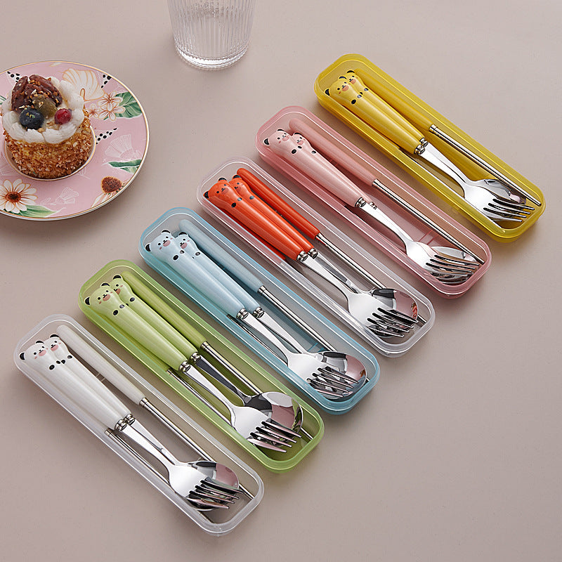 Cartoon portable cutlery set - student fork, spoon, chopsticks, and utensil case travel set - kids' stainless steel fork, spoon, and chopstick set