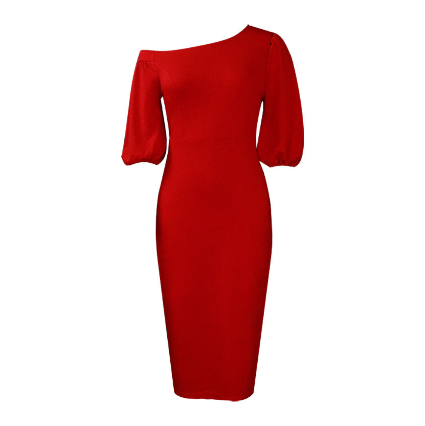 D218 european and american women's clothing  summer new arrival solid color one-shoulder puff sleeve ol style elegant plus size cross-border dress