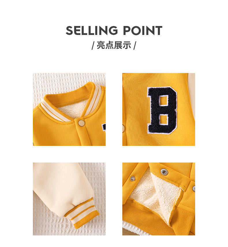 autumn/winter kids' baseball jacket - yellow fleece-lined letter print warm outerwear for boys and girls - american style thick jacket top
