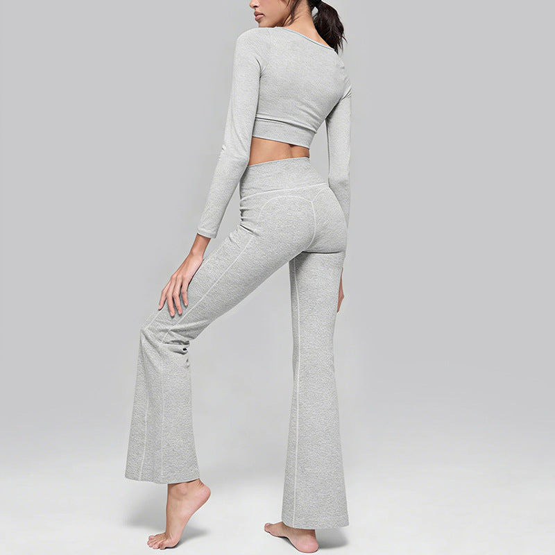 New arrival cationic high elastic yoga suit shirred drapedloose loose wide leg pants sports long sleevestops women