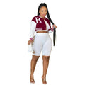 X6001 cross-border   fashion women's long-sleeved cropped jacket with lined shorts three-piece set