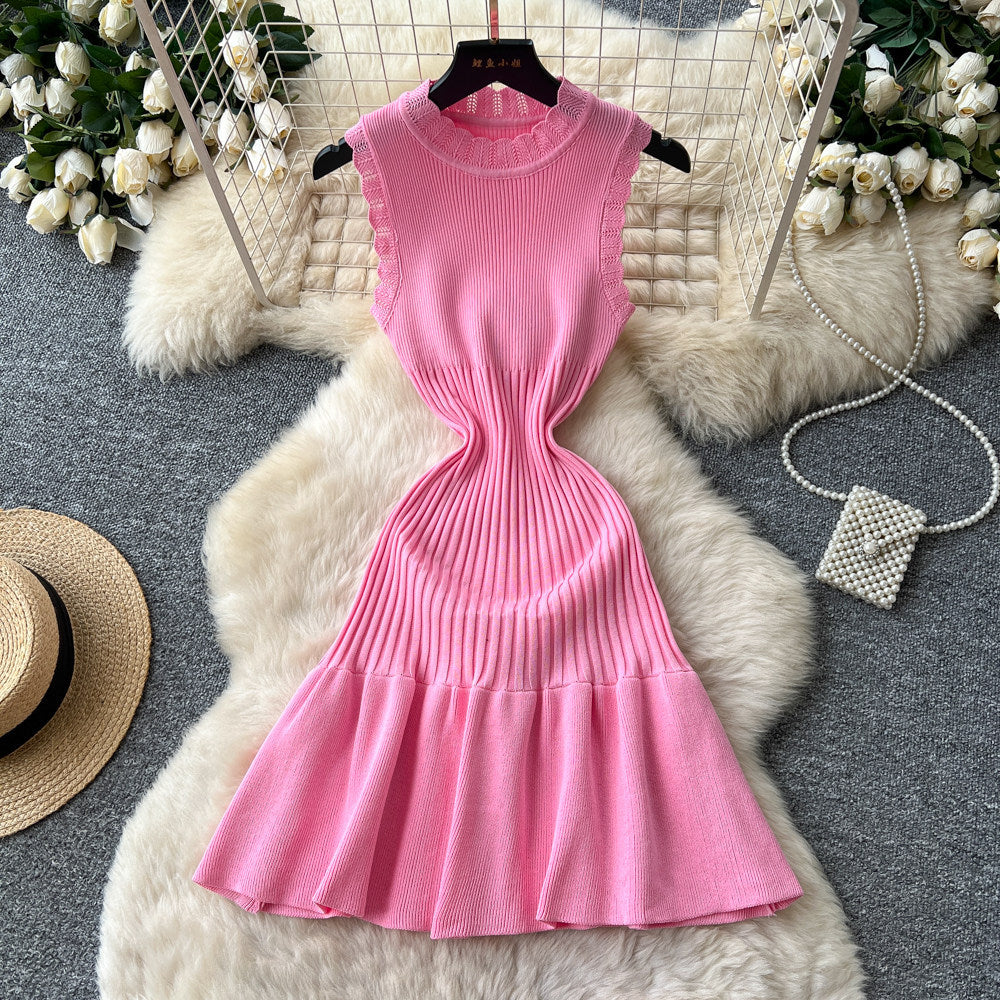K-stylework clothing sleeveless pleatedknittingdress women's summercut out waist a-line skirt pinkelegant skirt summer