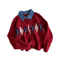 Preppy style denim polo collar rhombus pattern knittingcardigan women's autumn loosesweateroutwearniche styleclassytops