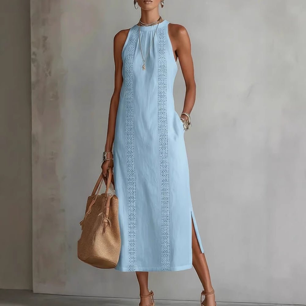 spring collection: european & american -style halter neck sleeveless dress - solid color lace trim, perfect for vacation