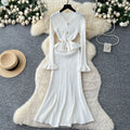 autumn collection: french chic, high-end, niche v-neck long sleeve ruffle trim patchwork cinched waist knit dress for women