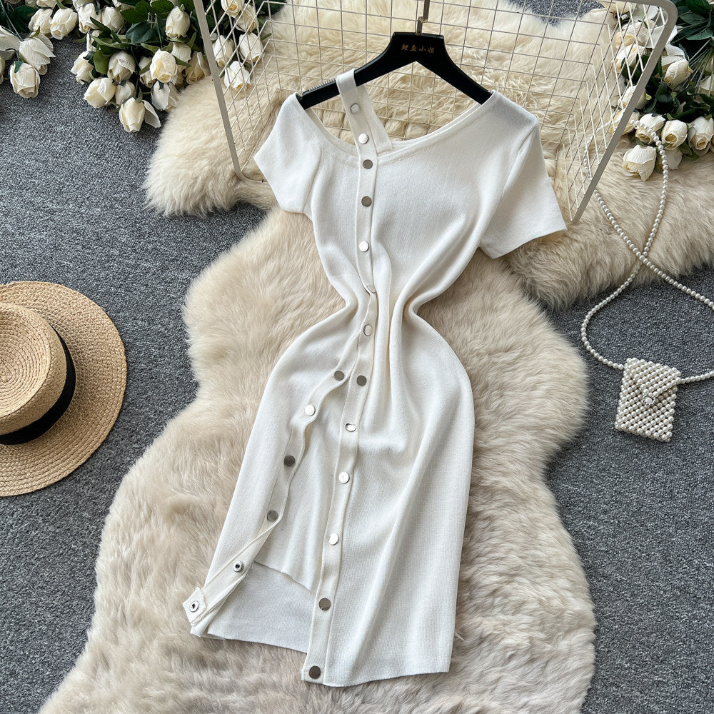 K-stylesexyv neck short-sleeved metal button knittingdress women's summer oblique shoulder slimming look silmelegant hip skirt