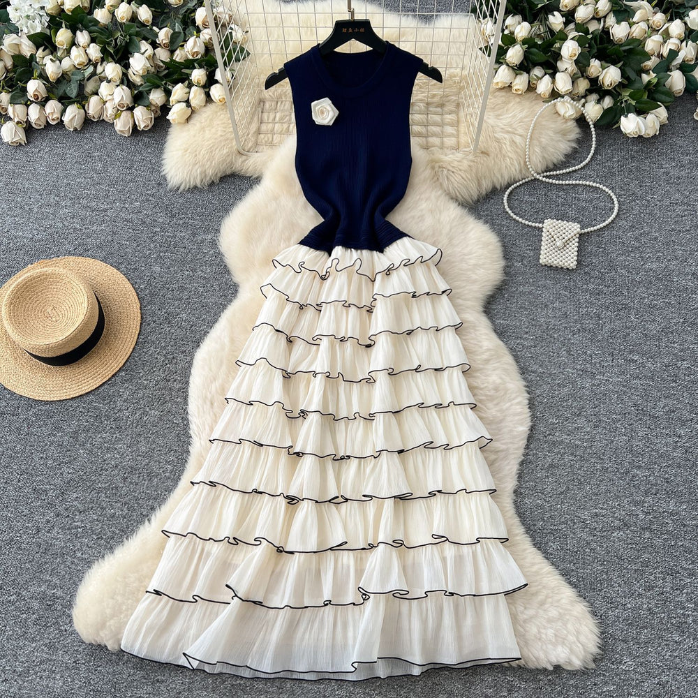 Frenchclassy lady flower contrast color sleeveless knittingpatchwork waist layered cake dress women's long skirt