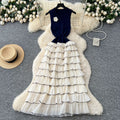 Frenchclassy lady flower contrast color sleeveless knittingpatchwork waist layered cake dress women's long skirt