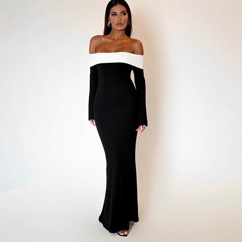 Exportfashion style winternew arrival women's fashioncontrast color one shoulder silmlong sleeves hip-covering mermaiddress women