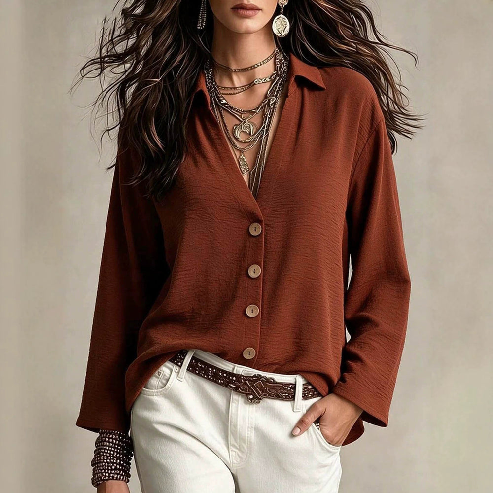 Women's relaxed fit top - brick red v-neck cardigan with drapey, pleated fabric and long sleeves - wholesale