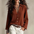 Women's relaxed fit top - brick red v-neck cardigan with drapey, pleated fabric and long sleeves - wholesale