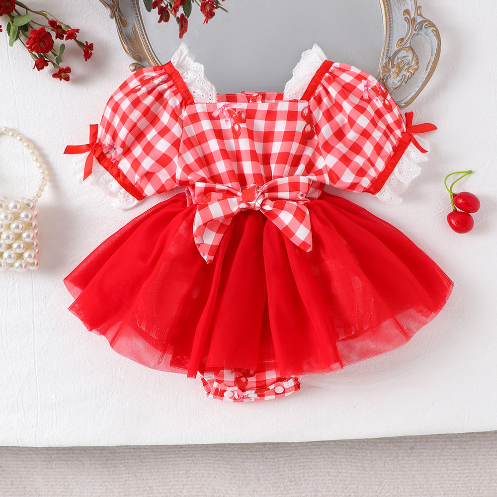 Infant short-sleeve bodysuit with red and white plaid mesh tutu skirt - baby girl's first birthday dress, princess style, ready to ship