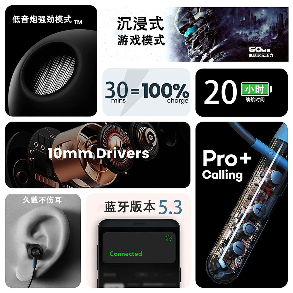 Neckband in-ear bluetooth earphones: fast charging, extended battery life, ultra-low latency, deep bass, premium sound quality, new model - noble black