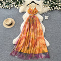 Vacation style smudged halter suspender dress women's summerv neck exposed waist careful mesh fairy elegant long skirt