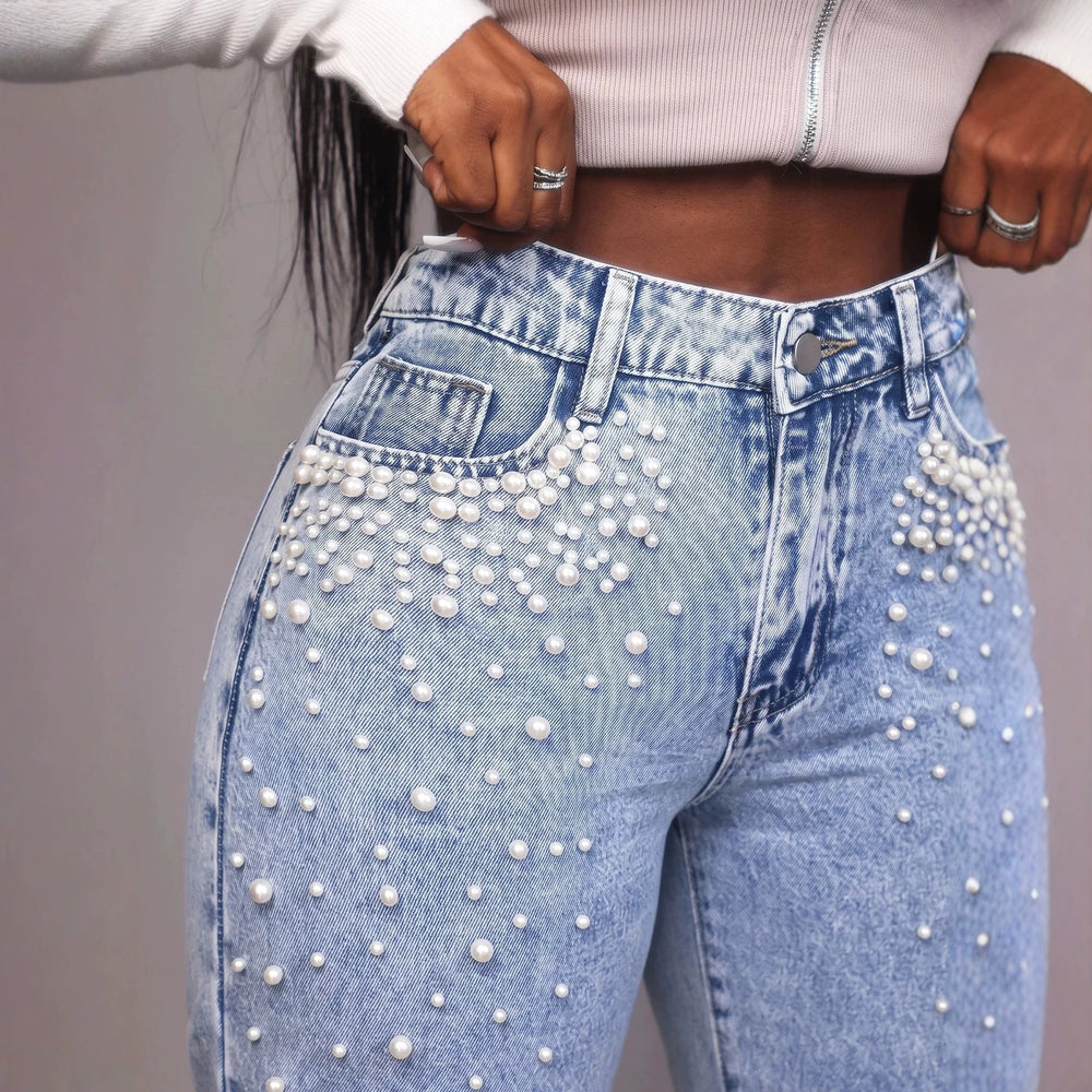 European and american style women's heavy-duty beaded and pearl embellished washed and distressed high-waisted wide-leg straight-leg floor-length jeans