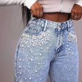 European and american style women's heavy-duty beaded and pearl embellished washed and distressed high-waisted wide-leg straight-leg floor-length jeans