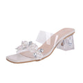 French transparent crystal rhinestone chunky heel slippers women's shoes 2024 new summer outdoor wear rhinestone high heel sandals plus size