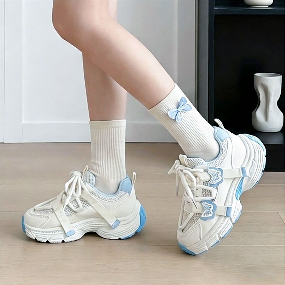 spring new butterfly embellished mesh kids' shoes, thick-soled non-slip children's chunky sneakers, girls' casual athletic shoes