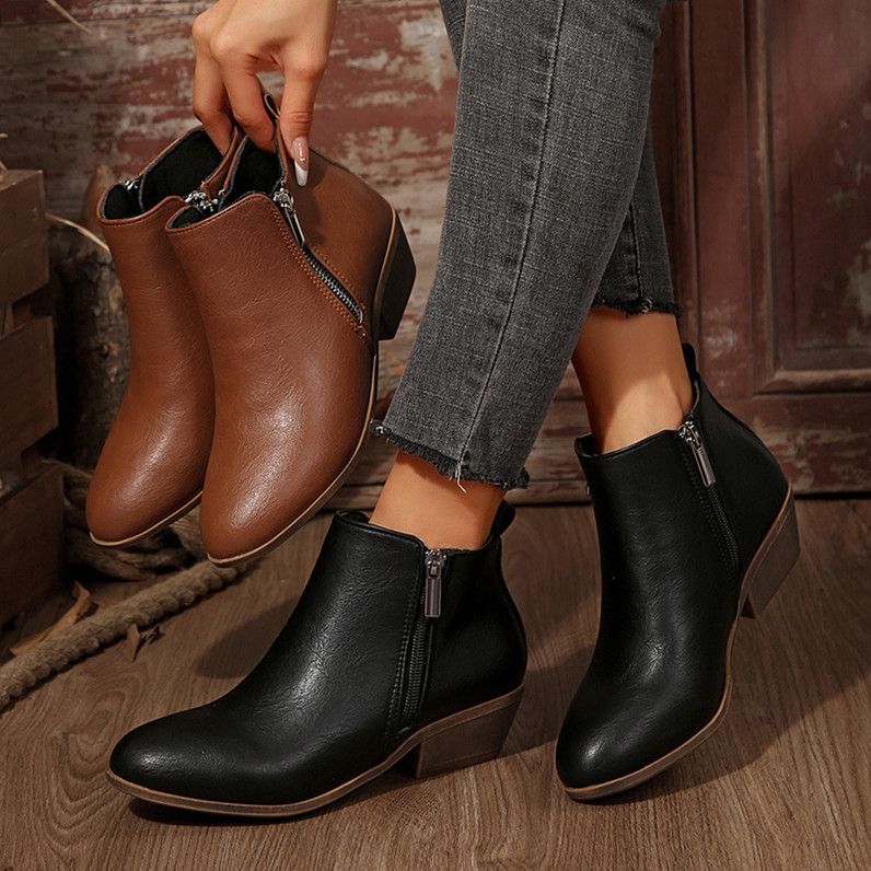 Chunky heel ankle boots - new autumn/winter  collection - european & american style, plus size, pointed toe, side zipper, comfortable bare boots - wholesale for women