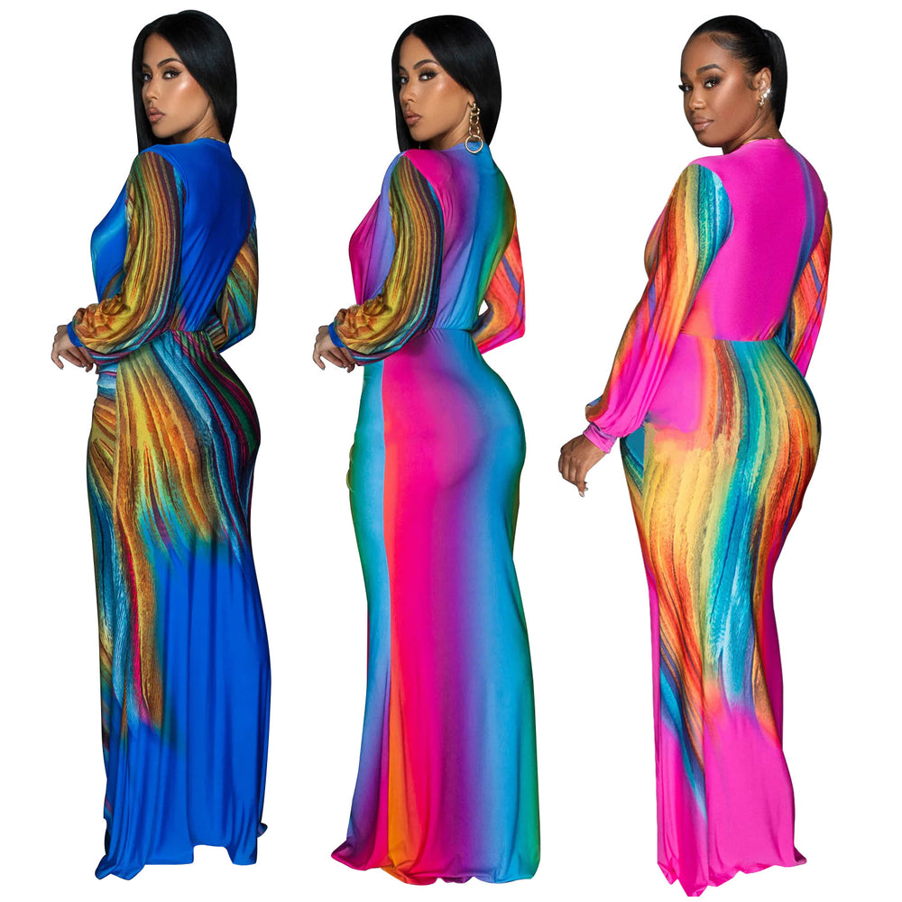 C6952 cross-border   independent station fashionfashion women's pleated color matching casualdress length
