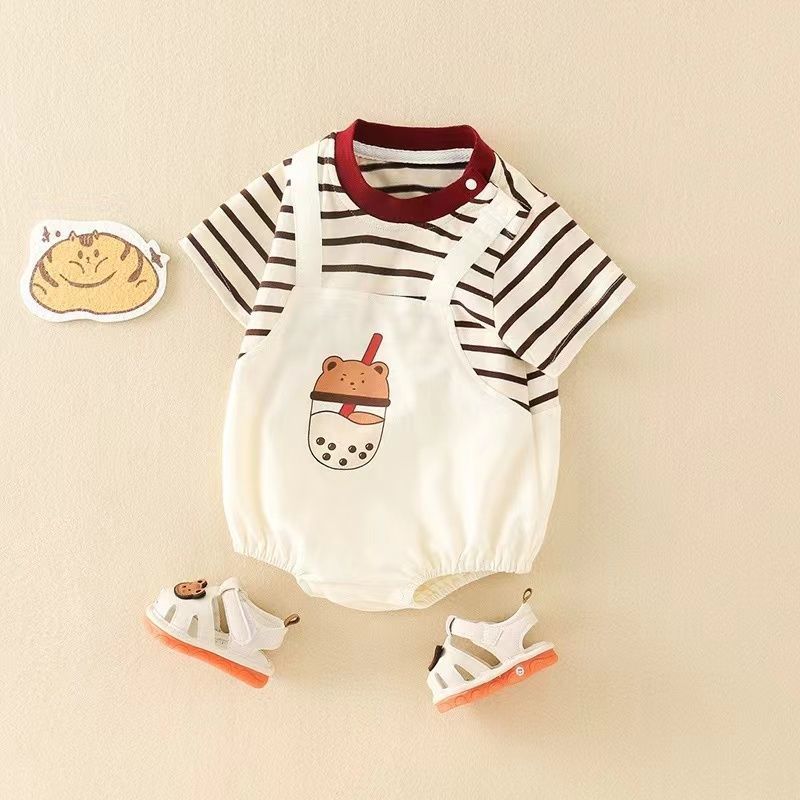 Baby clothes summer thin baby boy short-sleeved 100-day full-month romper ha shirt newborn casual one-piece trendy