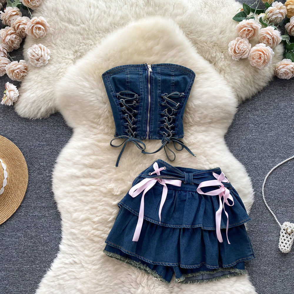 Pure desire sexy hot girl denim suit women's french strap sleeveless tube top vest high waist a-line cake skirt