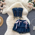 Pure desire sexy hot girl denim suit women's french strap sleeveless tube top vest high waist a-line cake skirt