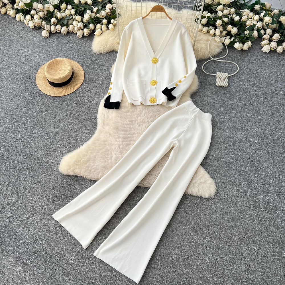 Xiaoxiangfengclassy heavy industry metal buttons v necklong sleevesknittingtops women's high waistloosestraight-leg pantssuit