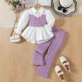 girls' pink knitted vest & lace-trimmed shirt set with woolen striped trousers - two-piece outfit for kids