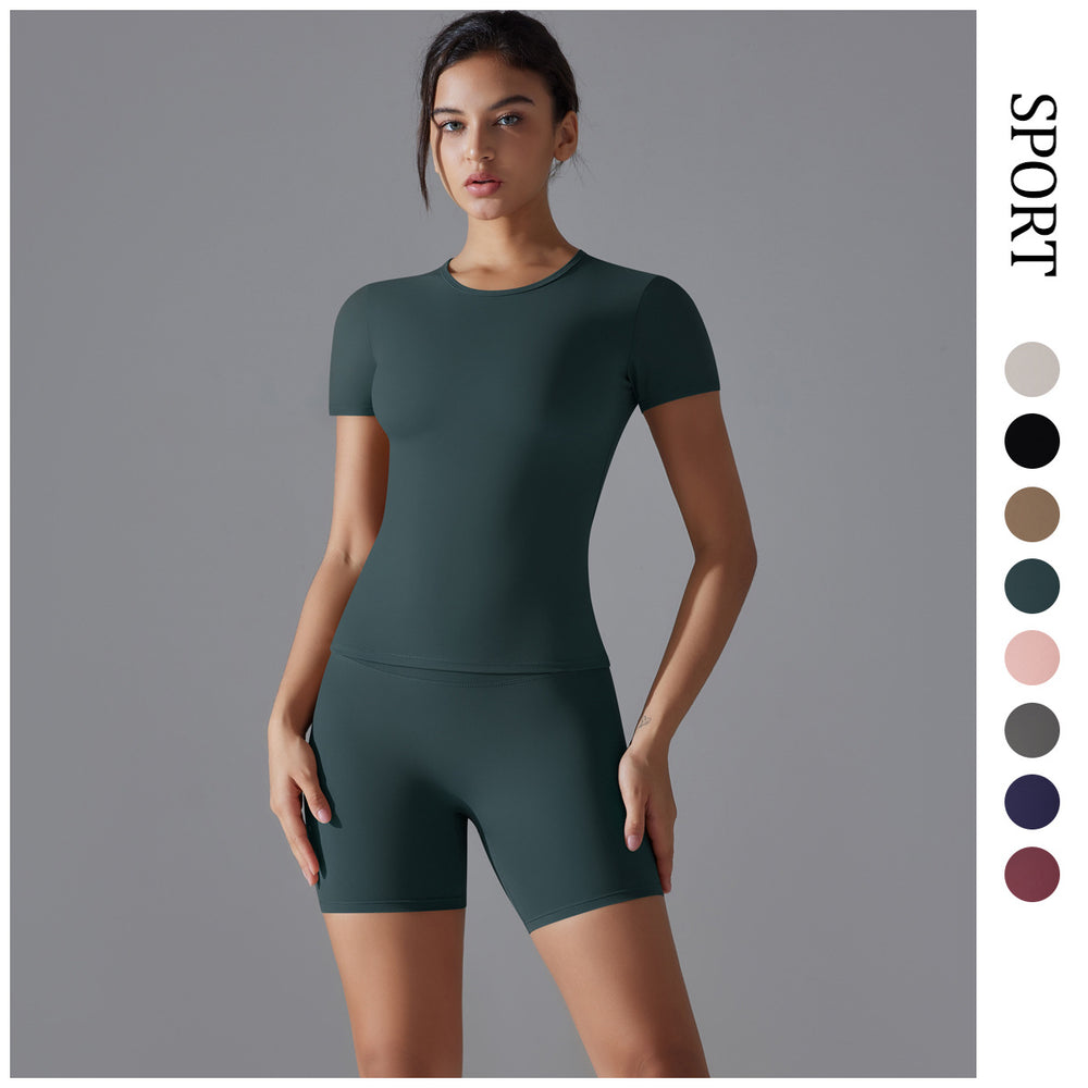 Fashion nude short sleeve t-shirt yoga suit high waist hip lifting tightshorts quick-drying running sports fitness suit