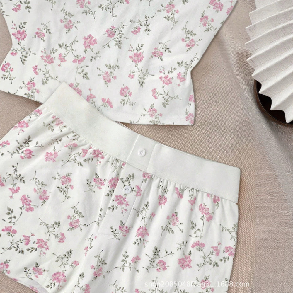Gentle floral print cami shorts set - sweet bowknot girl's casual two-piece outfit