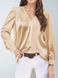 hot-selling women's satin ruched long sleeve top - v-neck casual loose satin commute blouse