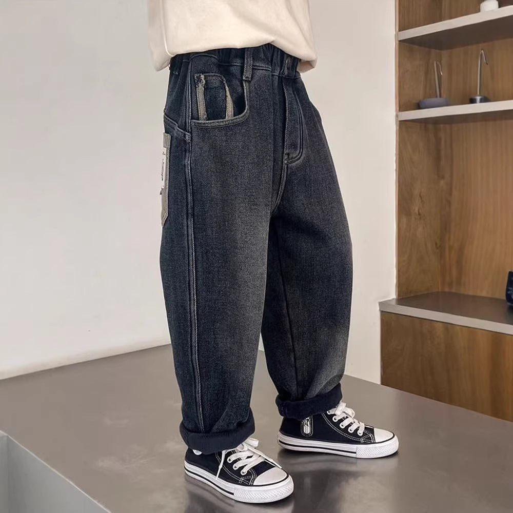 Boys' jeans spring collection - spring/autumn style  new arrival - mid-to-large size children's korean style fleece-lined thickened trousers
