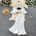 Feminine outfit with sense of design, western style, strappy waist, flared sleeves, pleated tops, high waist, hip-covering fishtail skirt