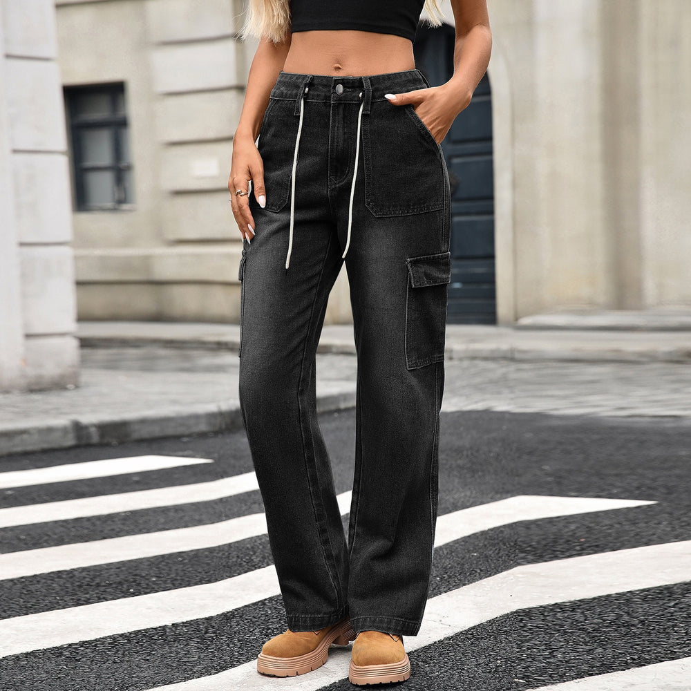 Fashion cross-border export  new style straight-leg jeans women's american casualtie back multi-pocket workwearjeans