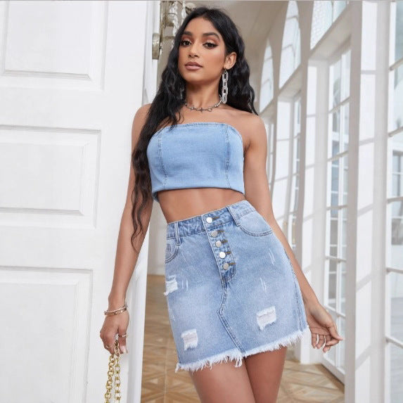 TC70084 denim shorts skirt women's 2025 breasted rough edge ripped short skirt Spice girl sexy mid-waist hip wrap