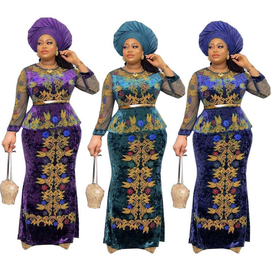 supply new arrival gold velvet + mesh patchwork pure color hot diamond hip-covering long skirt with belt but not headscarf
