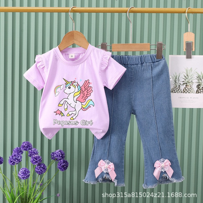 Girls' outfit  new cartoon cute animal korean style denim shorts lace short sleeve two-piece set for young children and toddlers