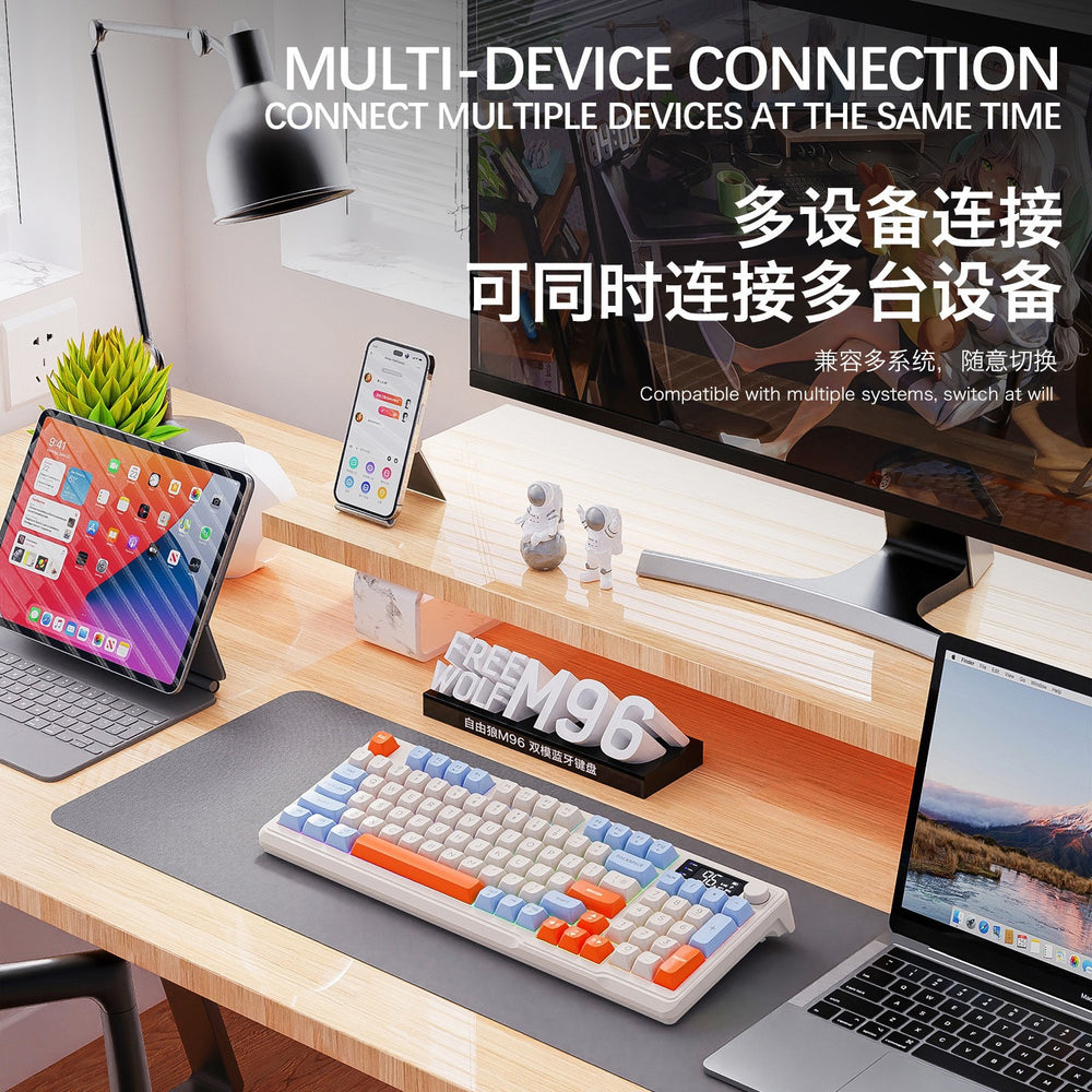 M96 wireless bluetooth dual-mode mechanical feel keyboard with pbt keycaps, display, and knob – gaming membrane keyboard