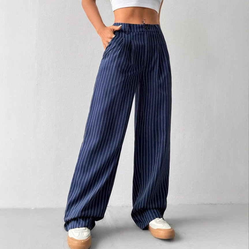 new european and american women's blue striped casual wide-leg trousers for commuting and leisure