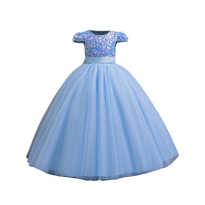 Ready-to-ship, european and american style girls' evening gown, long, puffy skirt, high-end children's dress with sequin embellishments