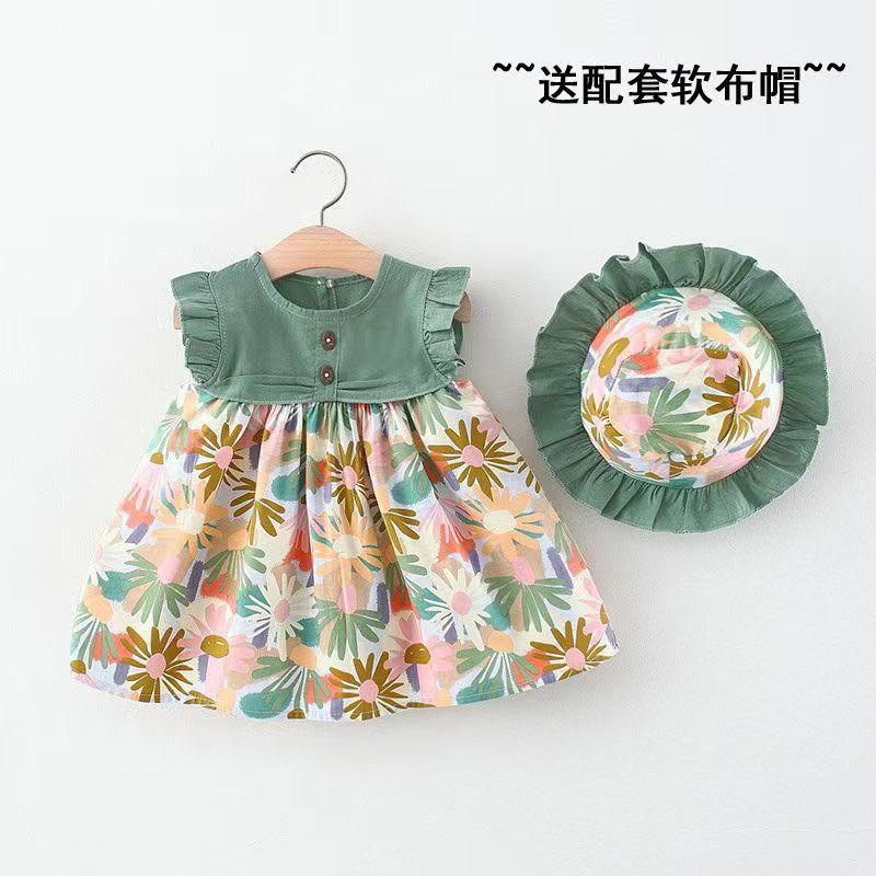summer new arrival: girls' korean style floral flutter sleeve dress - princess dress with flutter sleeve patchwork and matching soft hat