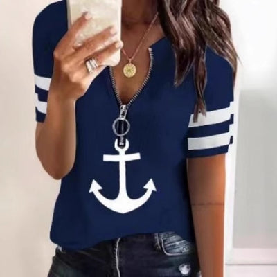 in-stock  new arrivals: european and american fashionable, casual, comfortable zip-up boat neck printed short-sleeve top