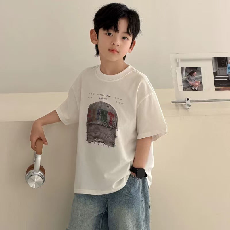 White cotton boys' short-sleeve t-shirt, summer  new arrival, loose fit, casual cartoon print, kids' half-sleeve tee 012
