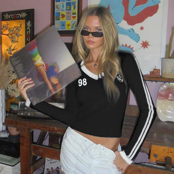 American Spice Girl Long Sleeve T-Shirt 2024 Autumn New Slim-Fit V-Neck Digital Stripe Splicing Basic Pullover
