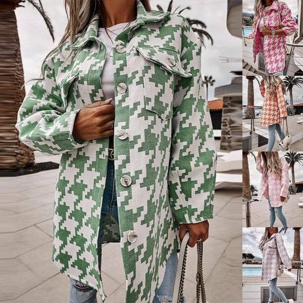 2025 ,  Europe, America, autumn and winter new fashionable loose long-sleeved thousand bird plaid coat