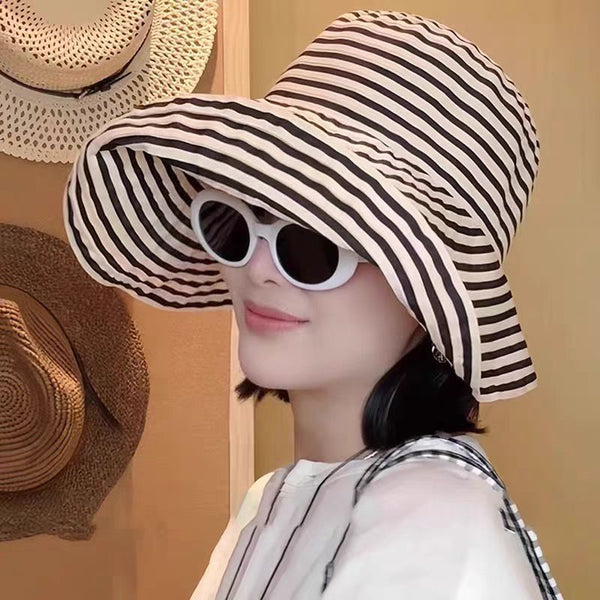 Japanese foldable summer striped bucket hat women's new long sunscreen hat fashion basin hat big head circumference sun hat
